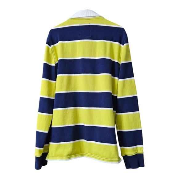 Land's End Rugby Shirt Boys Size 10-12 Blue Yellow- Green Stripes - Picture 2 of 8